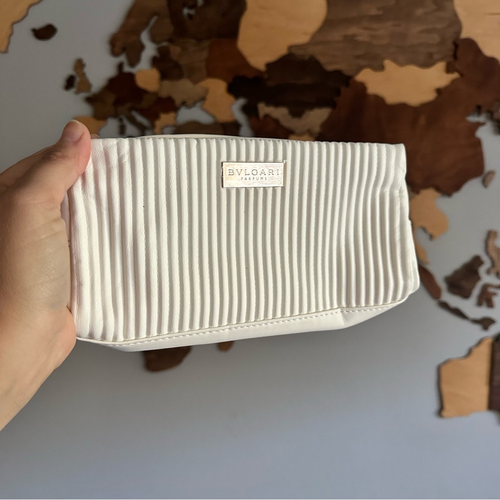 BVLGARI Cream Ivory Ribbed Cosmetic Zip Travel Luxury Pouch